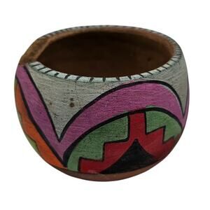 Vtg 1950s Pottery Clay Pot Bright Color Native American Hand Painted Bowl